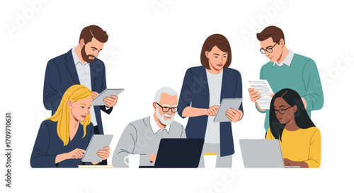 diverse team collaborating using digital devices in an open office brainstorming ideas for a startup success illustrating workplace synergy