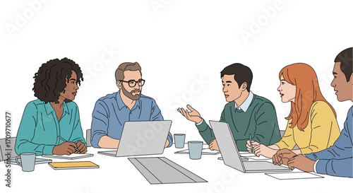 diverse team meeting collaborative discussion at a conference table with laptops illustrating teamwork  brainstorming for corporate website