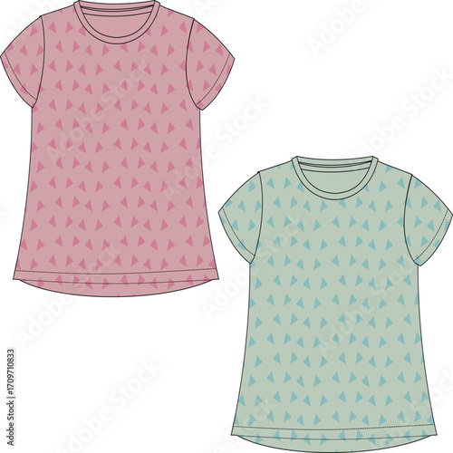 Two girls' t-shirts with a triangle pattern in dusty rose and sage green.