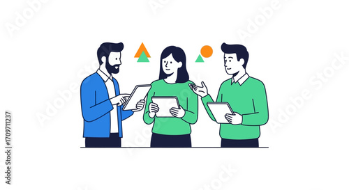 professionals collaborating with tablets discussing ideas in an office illustrating teamwork suitable for business and technology websites