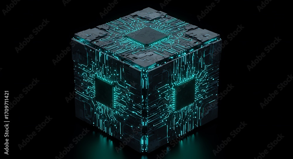Obraz premium Glowing Circuitry Cube, Abstract Technology Concept