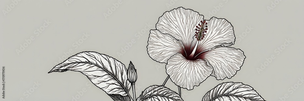Fototapeta premium Black and White Hibiscus Flower with Leaves Artistic Illustration on Light Gray Background