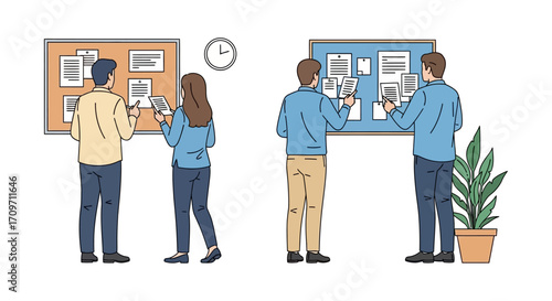 teamwork collaboration planning colleagues review documents brainstorming ideas on bulletin boards enhancing project efficiency in a modern workspace.