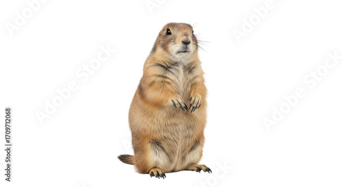 Foto Isolated prairie dog, standing upright and alert, cute rodent looks at the camer