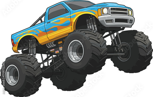 Monster truck illustration, blue yellow flame design, off-road vehicle, oversized tires, extreme sports, automotive artwork, powerful stunt racing concept