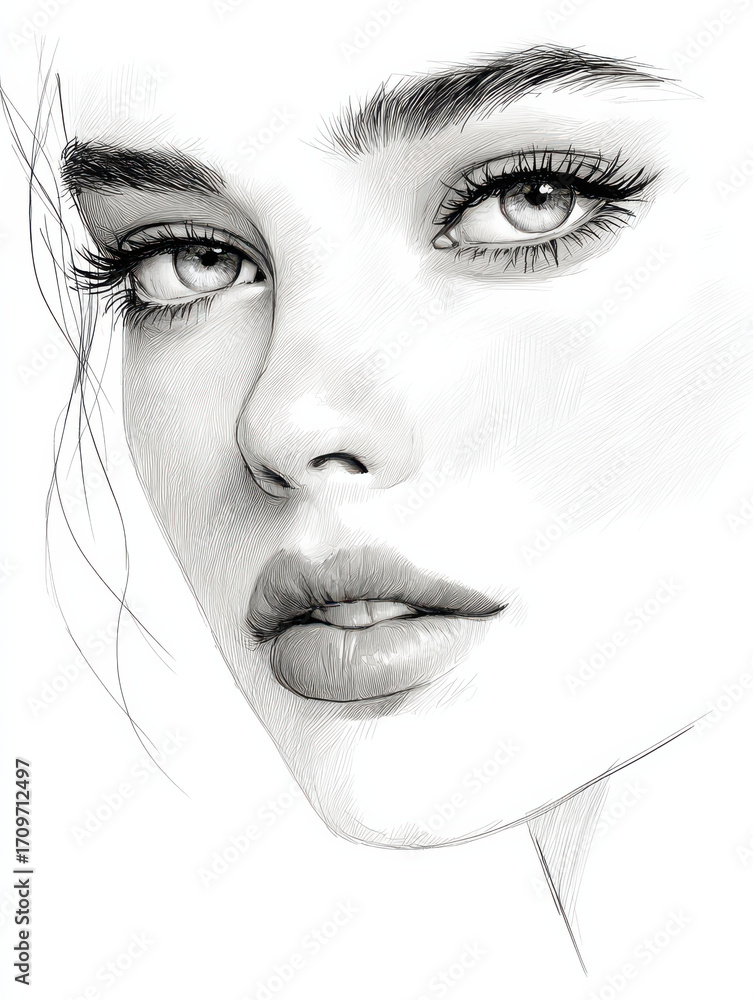Obraz premium Captivating Gaze: A detailed black and white drawing of a woman's face, the eyes exuding a profound sense of thoughtfulness and allure.