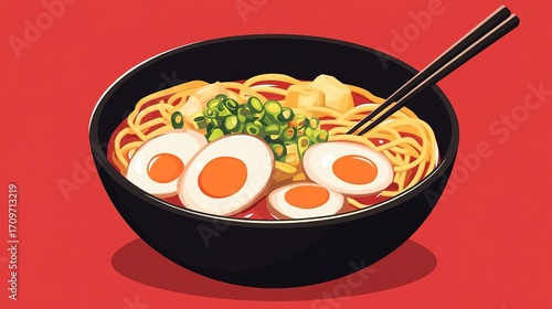 A vibrant bowl of ramen featuring noodles, sliced eggs, green onions, and a rich broth, set against a bold red background.