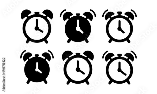 Set of six alarm clock icons in minimalist black silhouette style