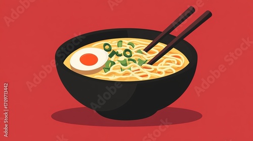 A vibrant bowl of ramen featuring noodles, a soft-boiled egg, green onions, and chopsticks, set against a red background.