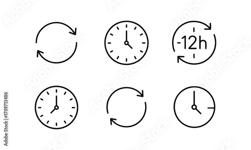 Minimalist clock symbols set indicating time and rotation concepts in linear style