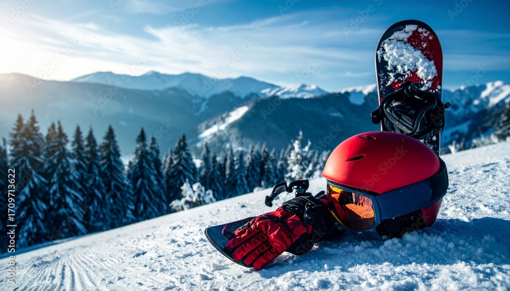 Snowboard in the beautiful snow mountain, winter and Christmas holiday season Snowboard in the beautiful snow mountain, winter and Christmas holiday season