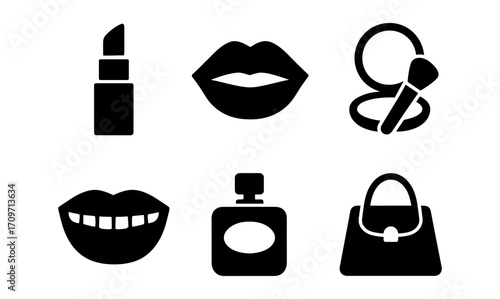 Minimalist beauty icons: makeup, lips, and fashion elements in black silhouette