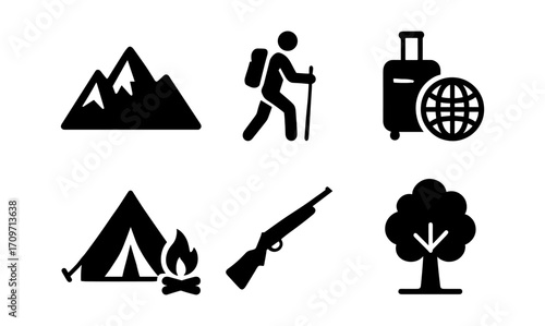 Outdoor adventure icons in silhouette style featuring hiking, camping, traveling, and nature