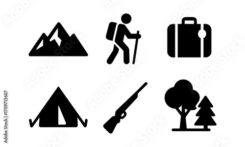 Outdoor adventure icons: hiking, camping, travel, nature, and more in bold silhouette style
