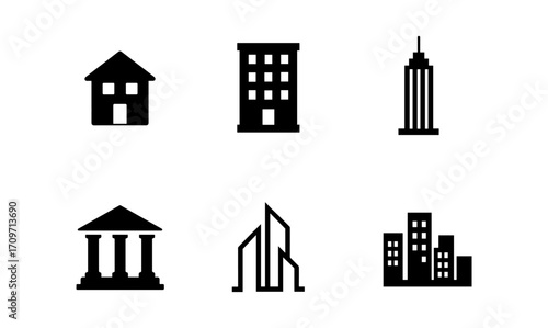 Minimalist icons of various building types: residential, skyscraper, and classical structures