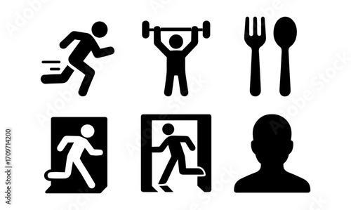 Simple icons of running, fitness, dining, and entry signs in bold black silhouette style