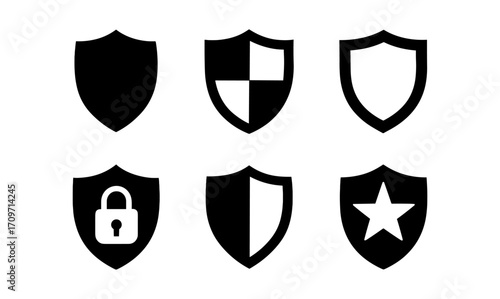 Set of simple shield icons with security and protection symbols in black