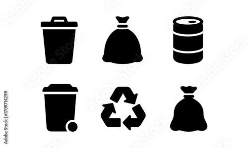Silhouette icons of recycling trash bins, bags, and symbols for environmentally conscious design