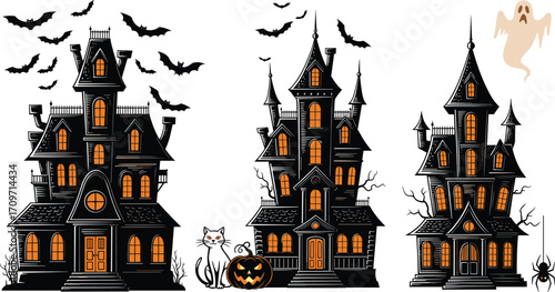 Haunted Halloween spooky castle illustrations with bats, ghost, black cat, pumpkin, spider, eerie windows, creepy trees, and gothic atmosphere vector.