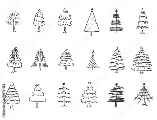 Set of hand drawn Christmas trees outline. Perfect for holiday greeting cards, festive invitations, digital posters, social media graphics, winter-themed banners, and other seasonal design projects