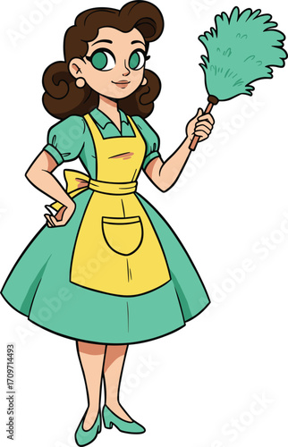 Retro cartoon housewife illustration, vintage woman cleaning with feather duster, 1950s domestic life character design, teal dress, yellow apron smiling