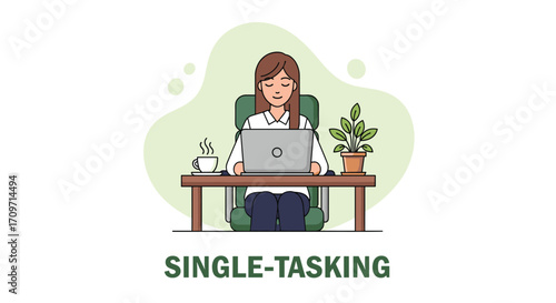 Focused woman working productively at desk with laptop and plants deep concentration workflow