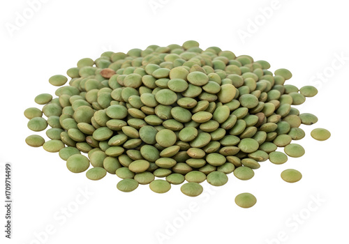 A close-up view of a pile of vibrant green lentils, displaying a multitude of rounded seeds against a pure black background.