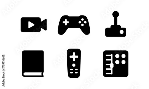 Silhouette icon set of retro gaming, video, and media devices