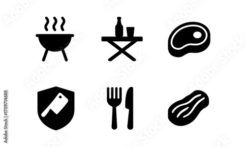 Silhouette icons of bbq: grill, steak, utensils, and outdoor dining symbols