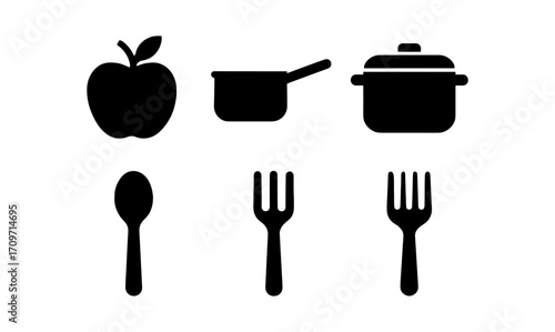 Silhouette icons set of kitchenware and apple with spoons and forks