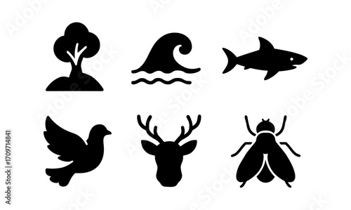 Nature and wildlife icons in black silhouette style