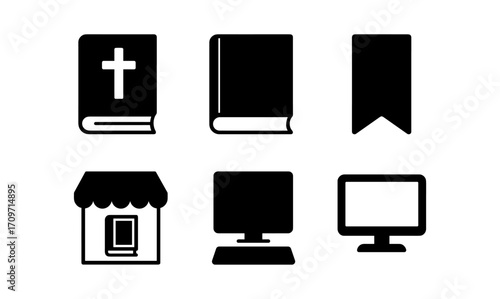 Collection of black silhouette icons: book, bookmark, computer, storefront
