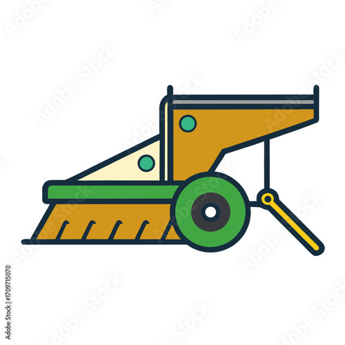 Stylized illustration of a farming harvester machine with a brush and wheel