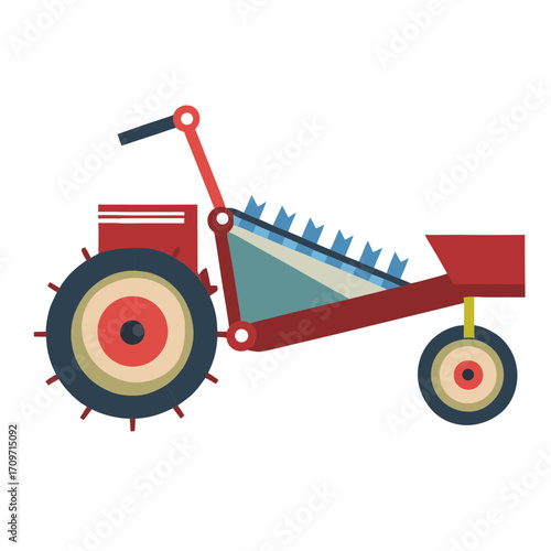 Stylized red and blue farm tractor with agricultural implements