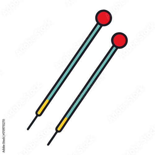 Stylized illustration of two knitting needles with red and yellow accents