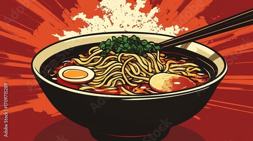 A vibrant, stylized bowl of ramen with eggs and green onions, set against a dynamic, colorful background.