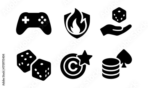 Black silhouettes of gaming icons: controller, fire symbol, dice, hand, target, chips