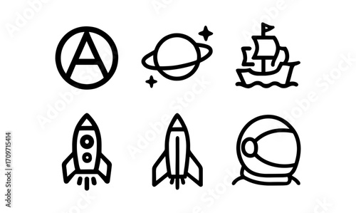 Minimalist space and exploration icons featuring rocket, planet, ship, and astronaut theme