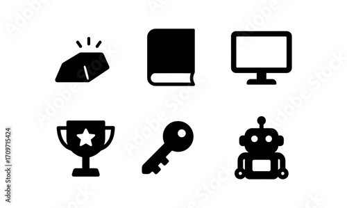 Icon set: whistle, book, monitor, trophy, key, robot in black silhouette