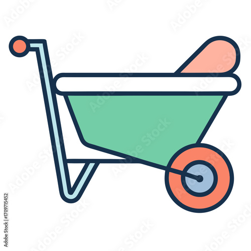 Stylized green wheelbarrow icon with orange accents on transparent background