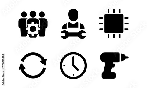 Essential tools and technology icons in bold silhouette style