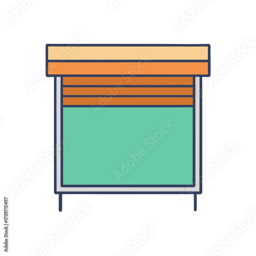 Stylized illustration of a closed roll up security shutter on a shop window