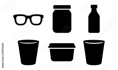 Minimalist silhouette icons of glasses and containers in black and white