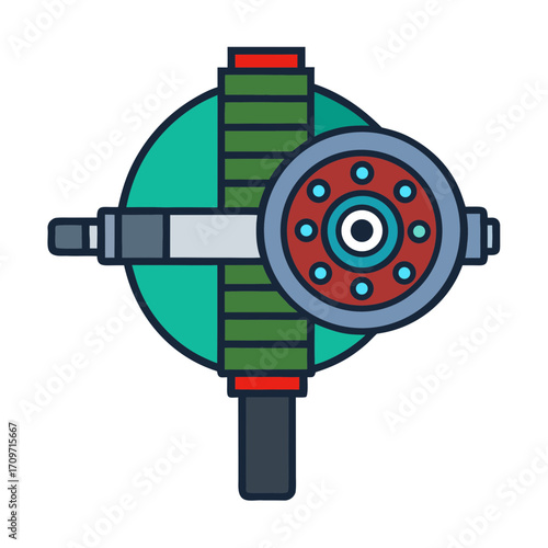 Stylized flat icon of a fishing reel and rod component