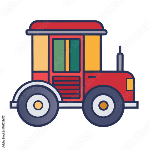 Cartoon red tractor with yellow cab and green windows