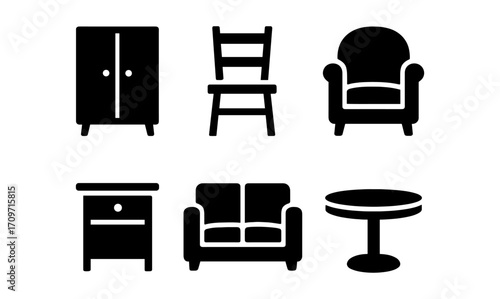 Silhouette icons of classic home furniture: armchair, sofa, table, and more