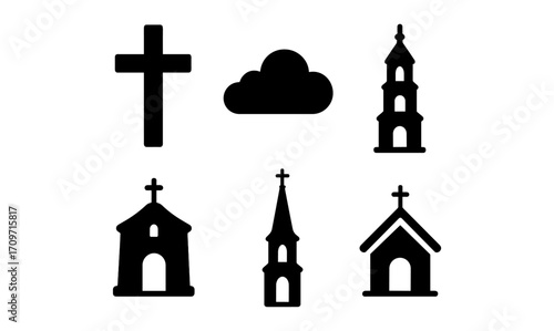 Minimalist church and cross silhouettes with cloud icon set