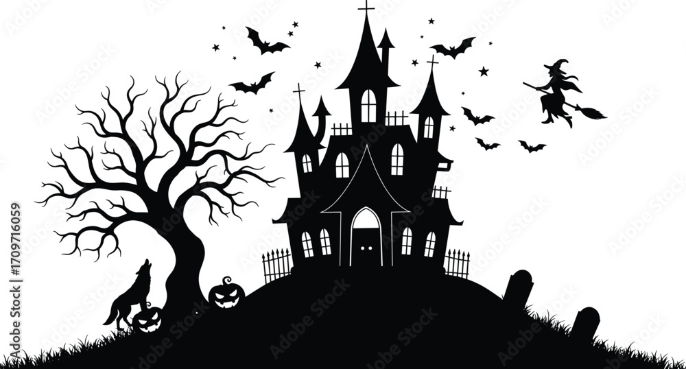 Haunted house on hill with spooky tree, bats, pumpkins, flying witch and graveyard scene in Halloween night vector illustration.