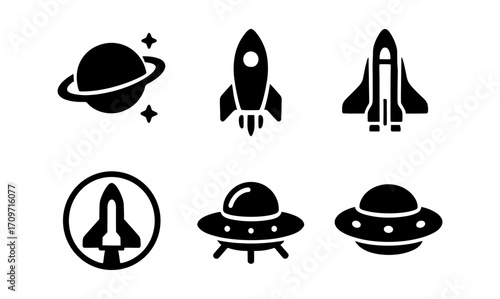Spacecraft and astronauts icon collection in bold silhouette style