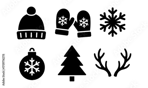 Festive winter icons with snowflakes, trees, and cozy accessories for holiday design